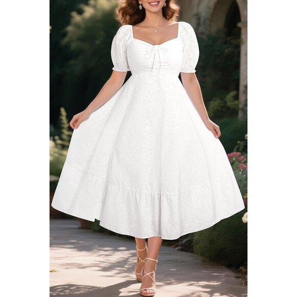 Plus Size Summer Dress Women Eyelet Puff Sleeve V-Neck Casual Maxi - Picture 5 of 5